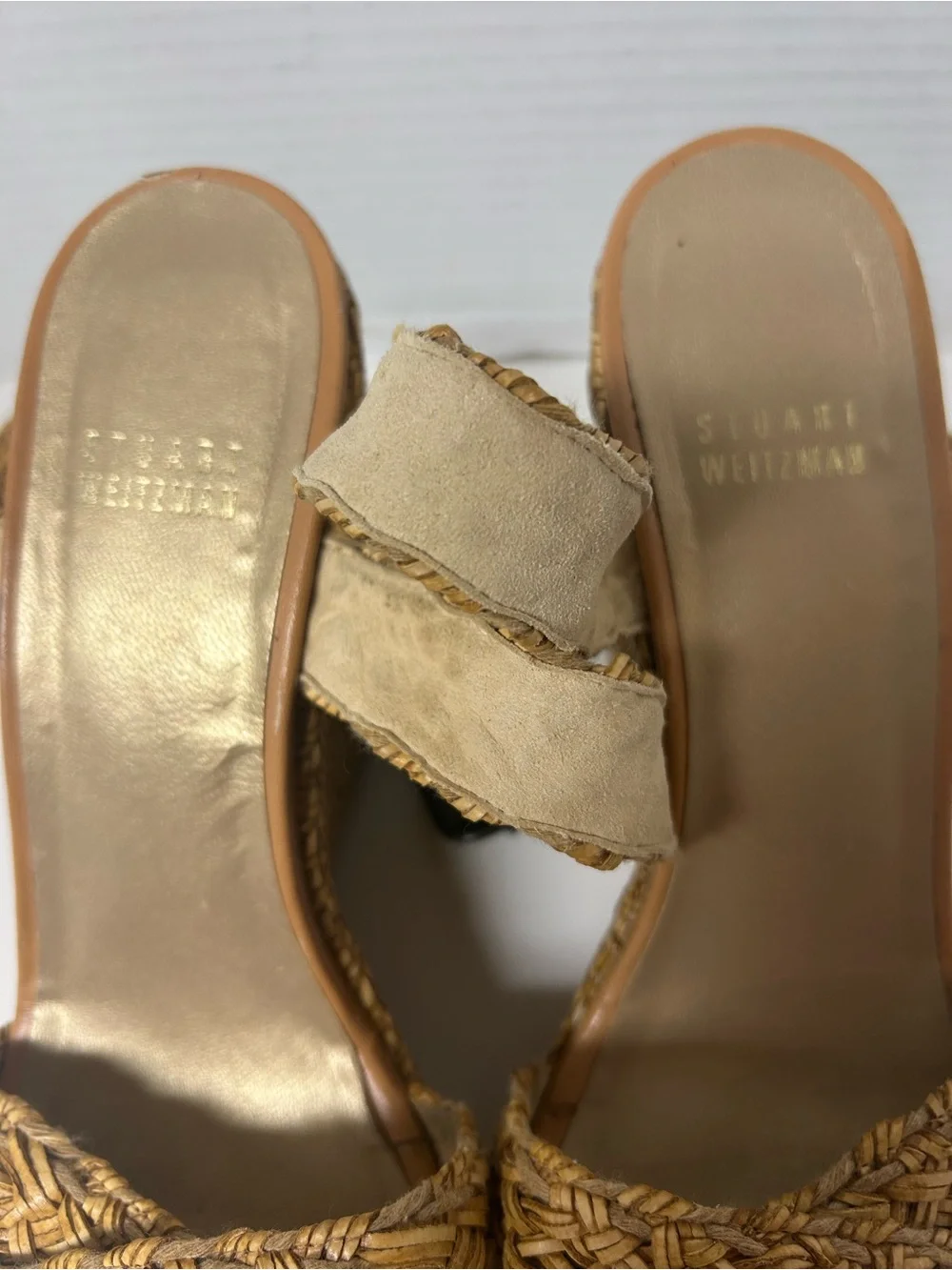 Stuart Weitzman Raffia Braided Wedge Camel Sandals BoHo Sophisticate 7.5M